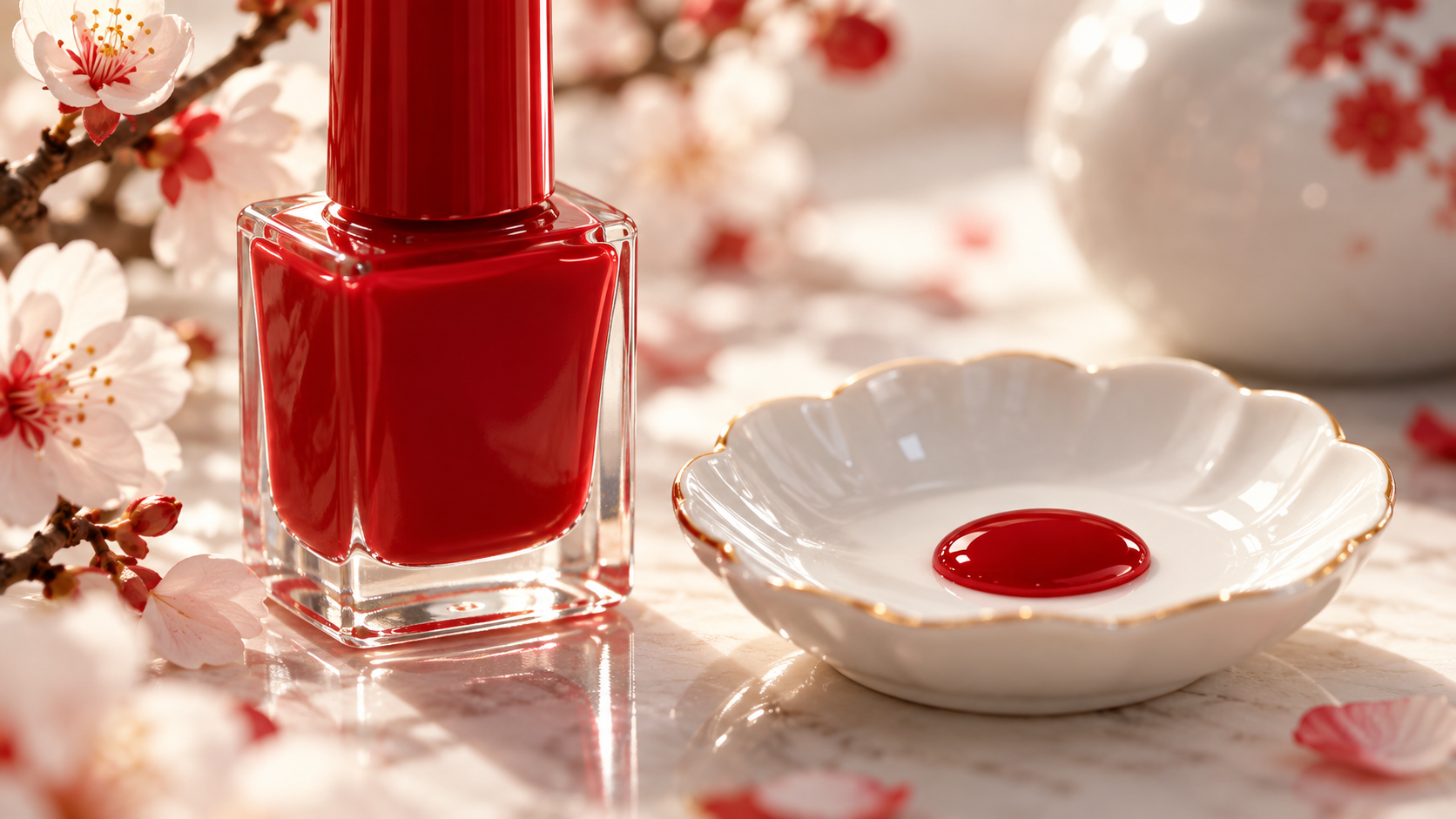 Illustrative still life: lacquer-red nail polish bottle beside a porcelain dish