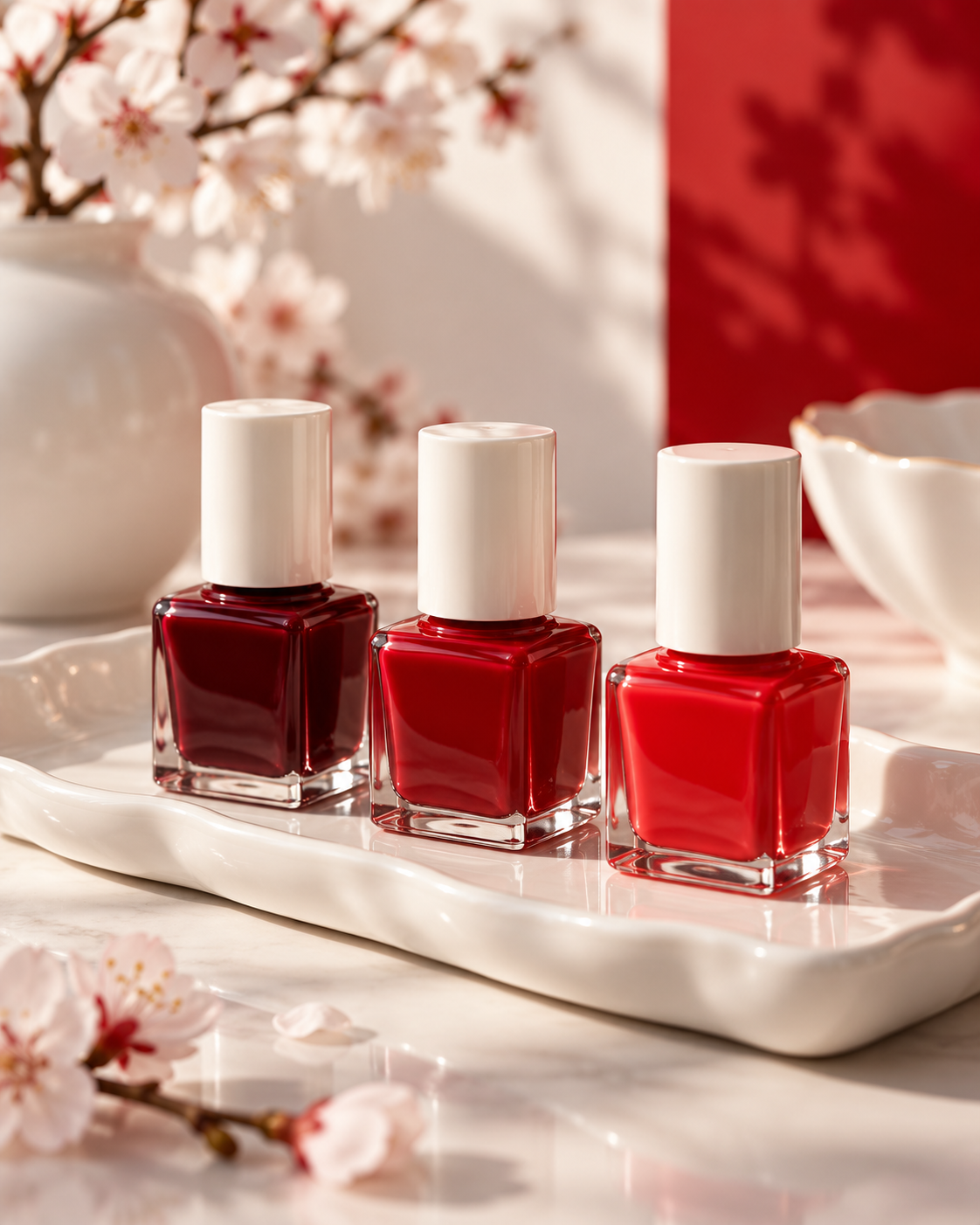 Illustrative still life: porcelain tray with nail polish bottles in red shades
